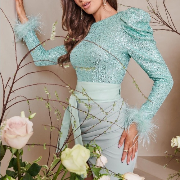 Lavish Alice Sequin Feather Embellished Midi Dress Sage Green - Picture 4 of 9